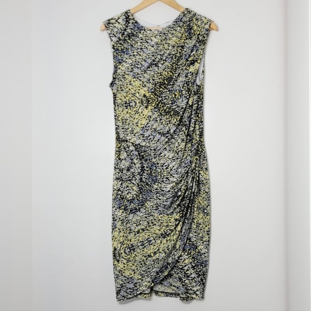 Ivy+Blu Women Black Abstract Yellow Gray Sleeveless Crew Neck Bodycon Size 6